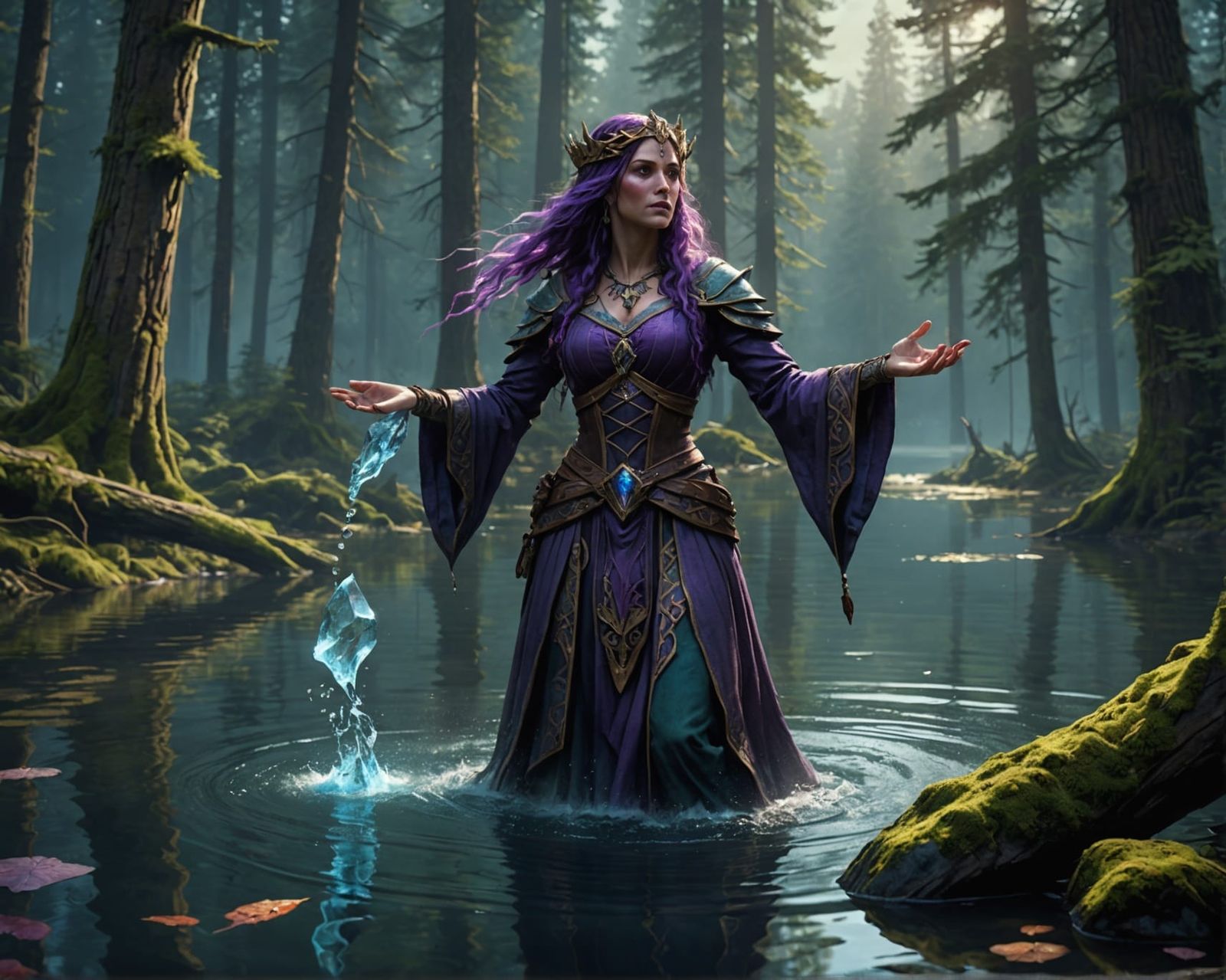 Druidess Summons Water Elemental in Dark Fantasy Art