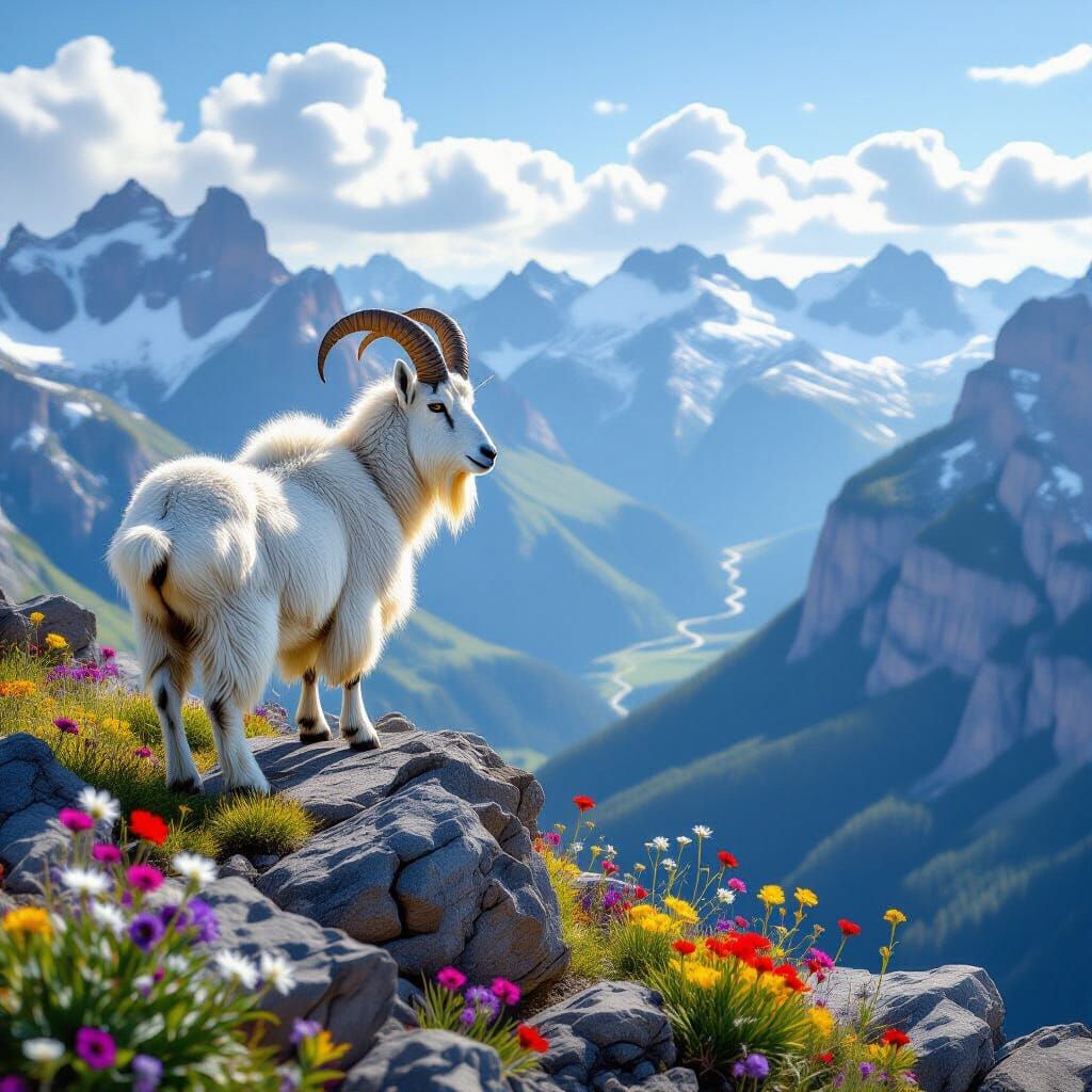 Mountain Goat Overlooking Vista in Hyperrealistic Style