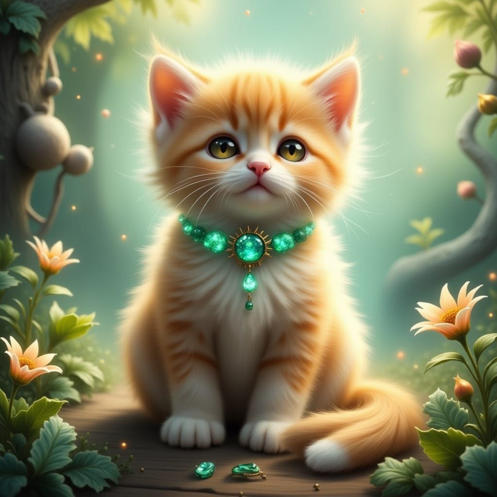 Kitten in Emerald Collar: Hyperreal Fantasy Scene