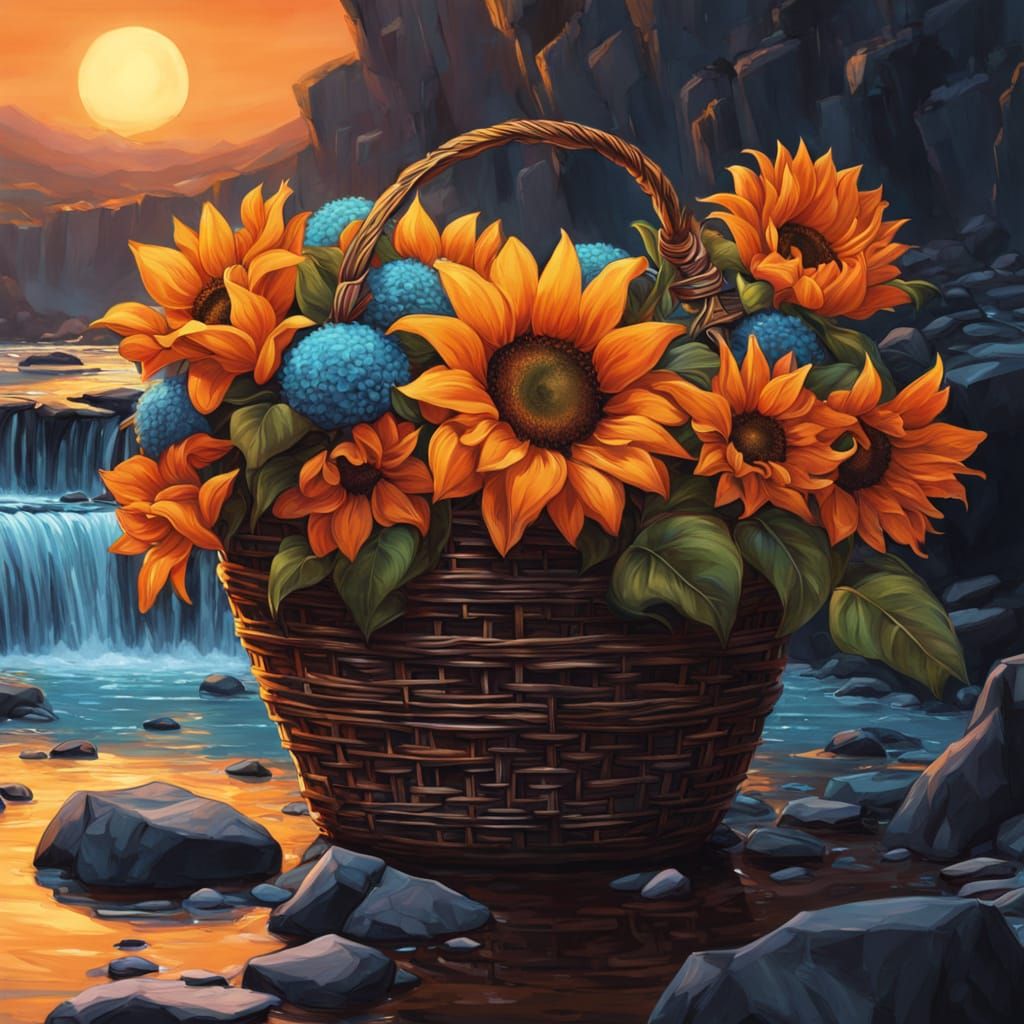 Surreal Sunset Fantasy Scene with Camaro and Floral Wreath