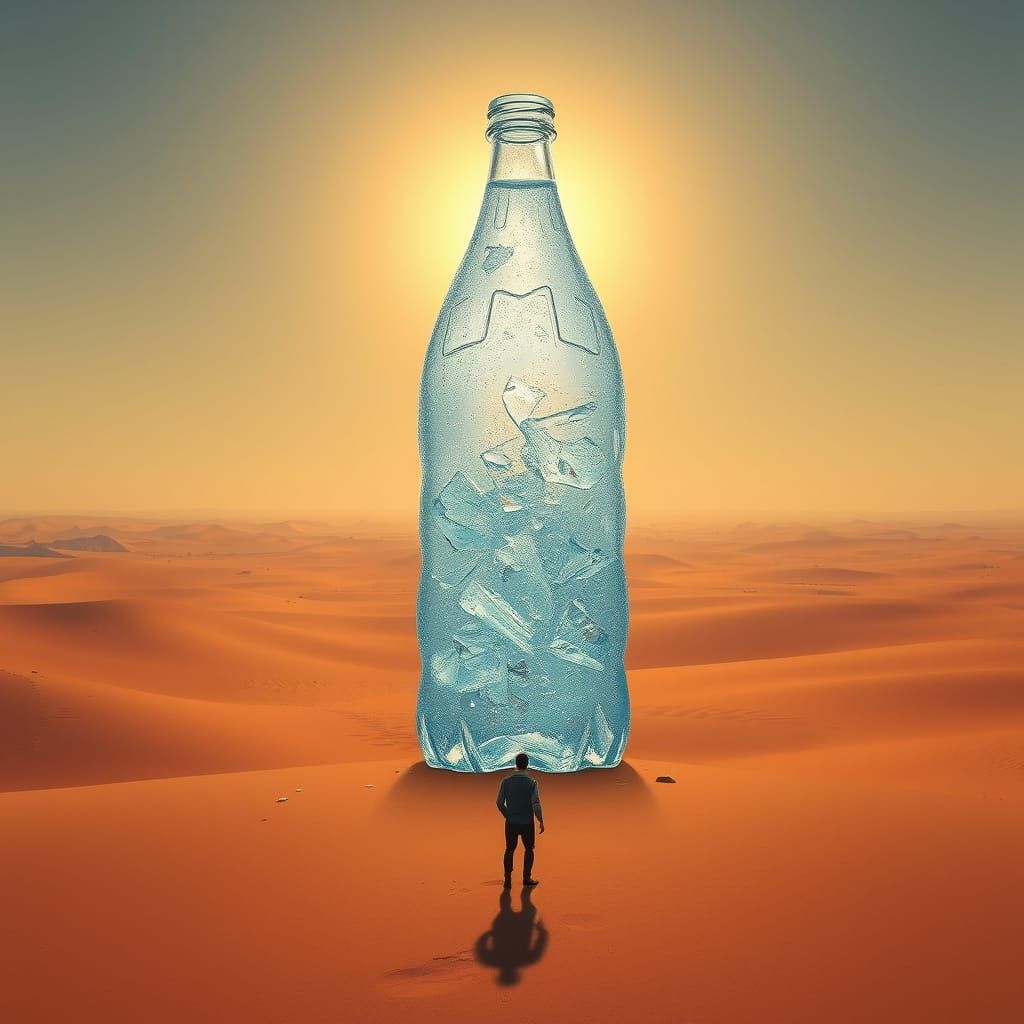 Surreal Desert Oasis: Hyper-Realistic Water Bottle