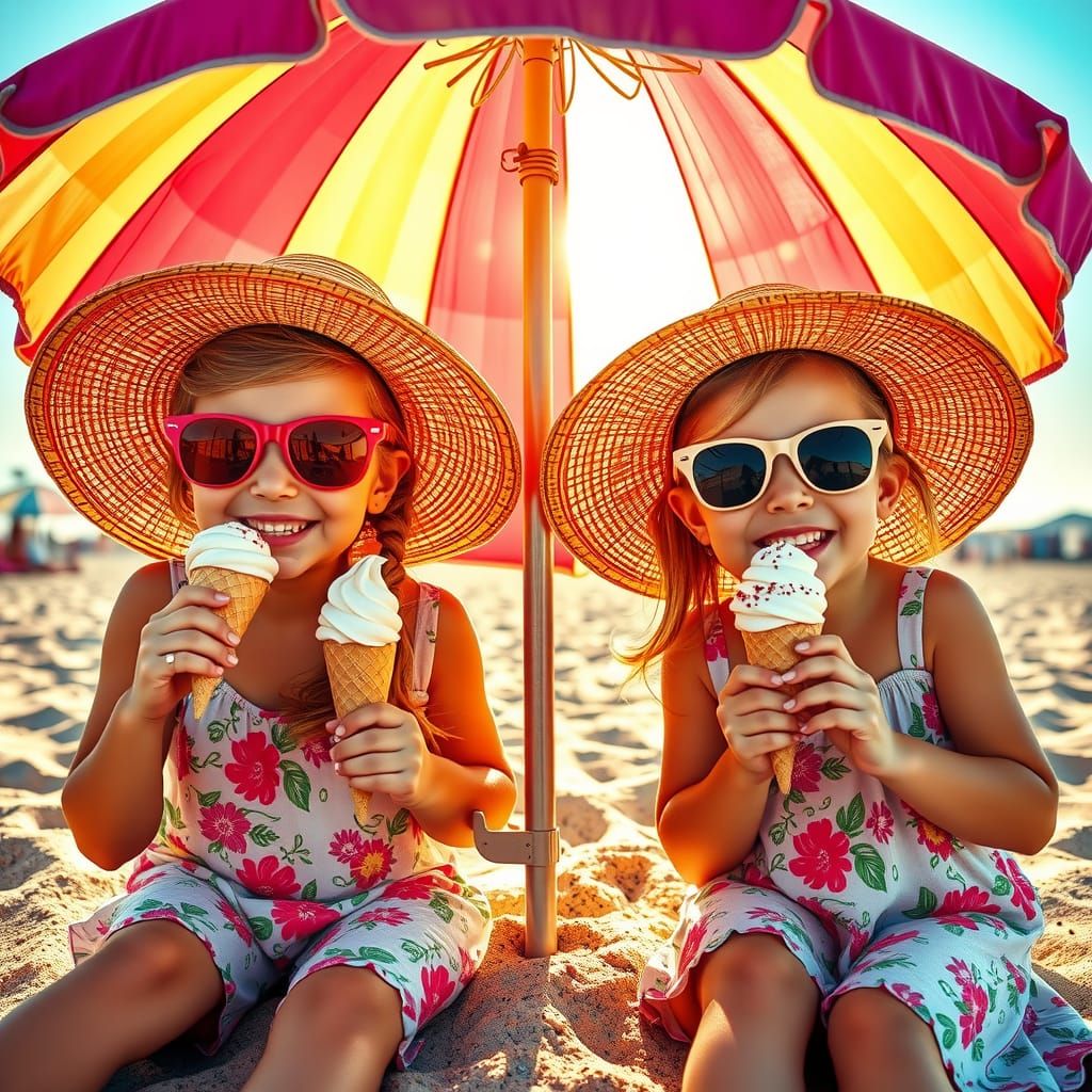 Girls Enjoying Ice Cream on Beach, Hyperrealistic Detail