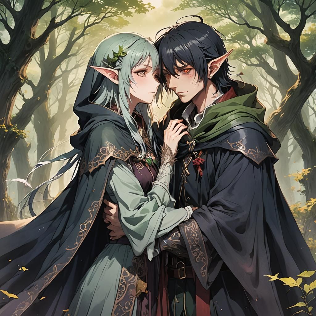 Soft Anime Scene of Elf Embracing Zombie Man in Twilight