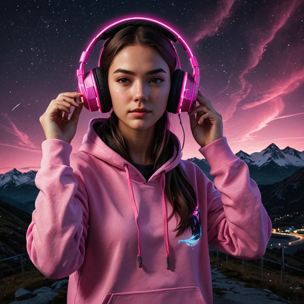 Teenage Gamer in Pink Hoodie Under Aurora Skies