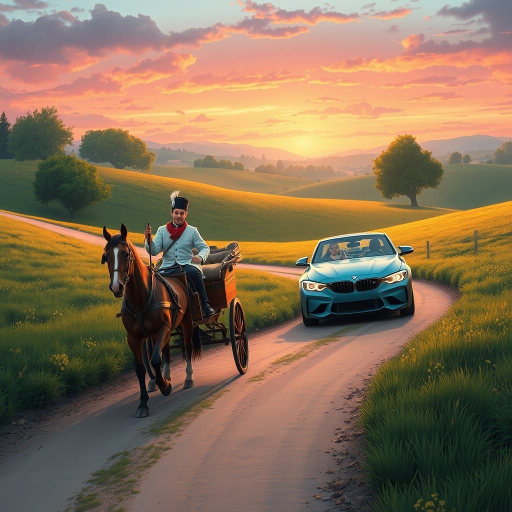 Fairy Tale Carriage & BMW on Sunset Dirt Road