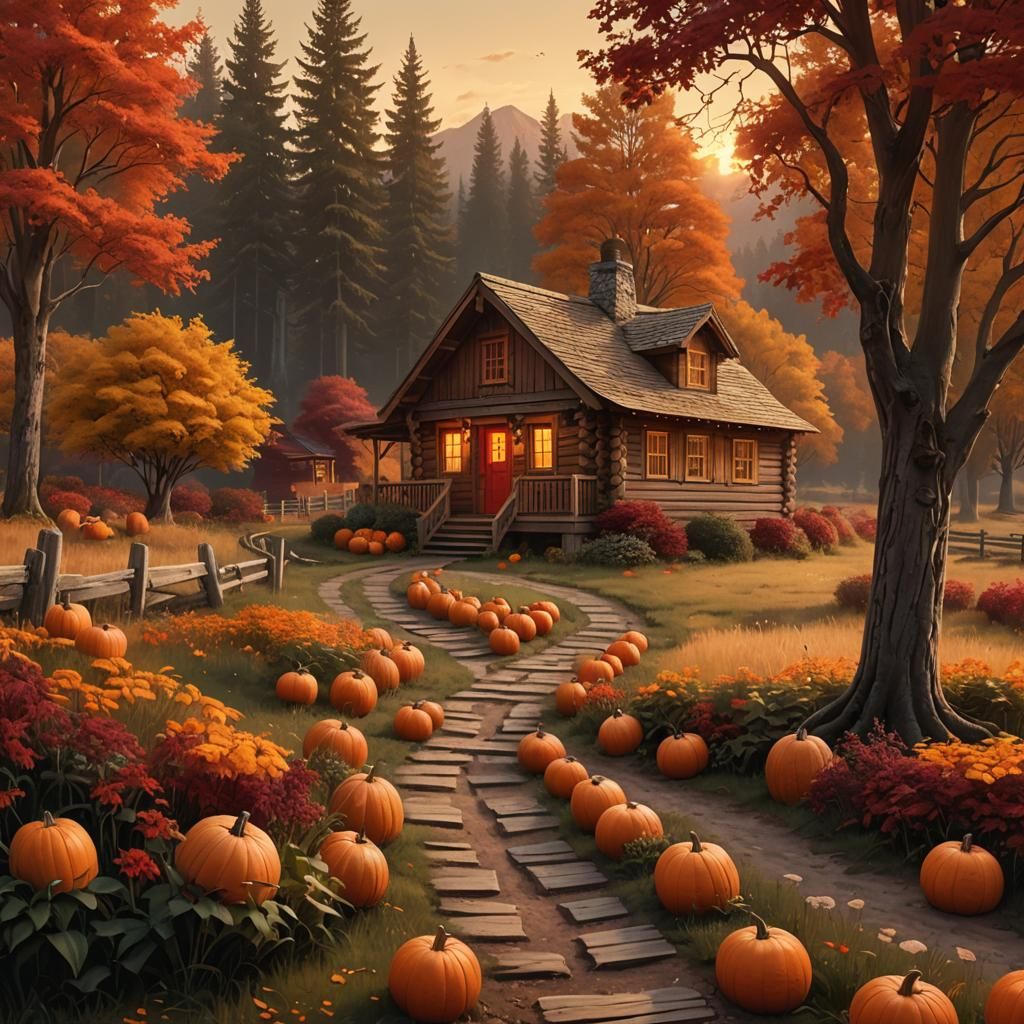 American Cabin With Pumpkins in Autumnal Matte Painting