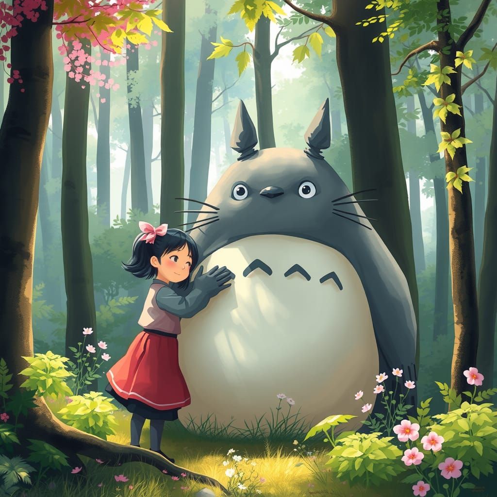 Girl Embracing Totoro in Forest, Anime Style