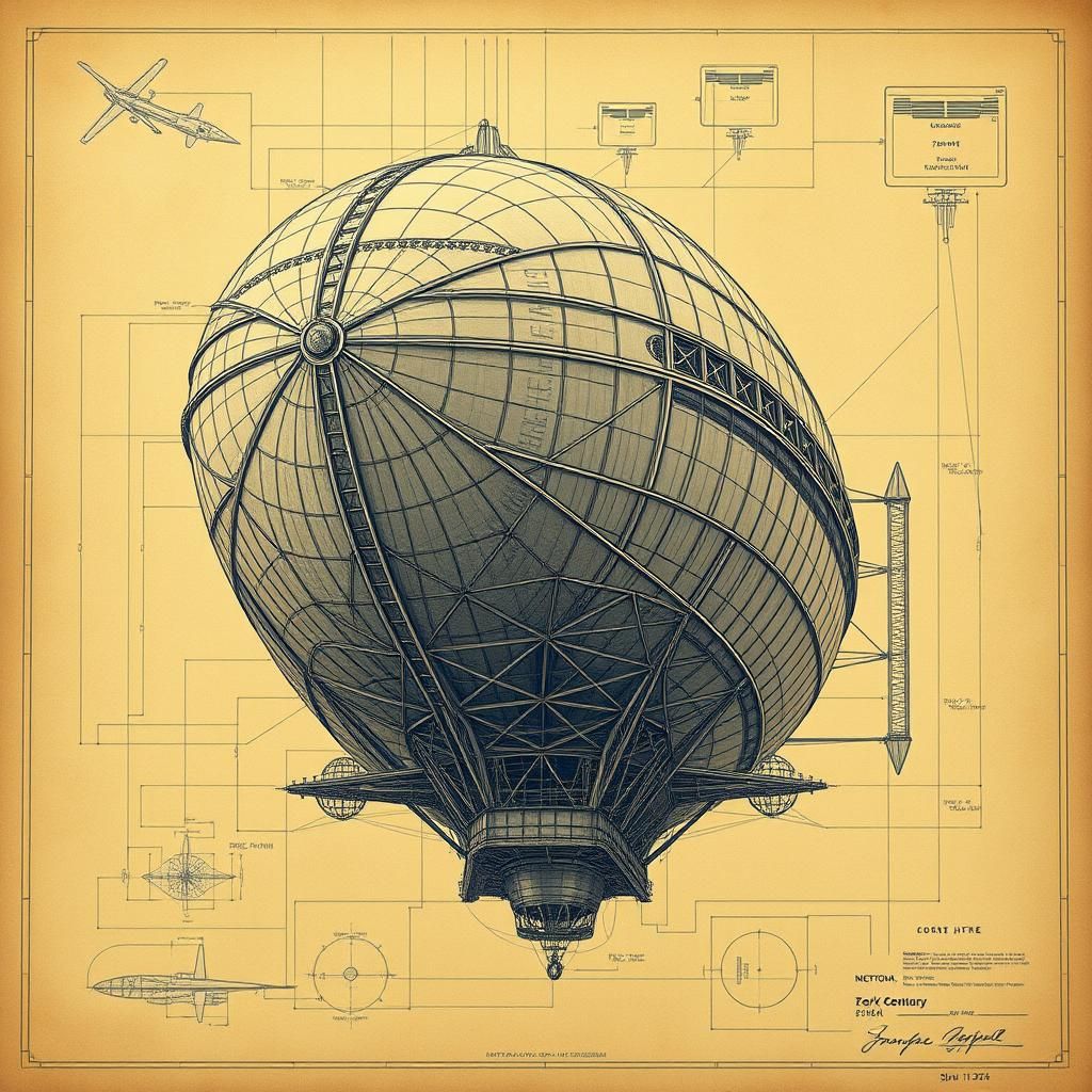 Zeppelin Airship Blueprint in Technical Illustration Style