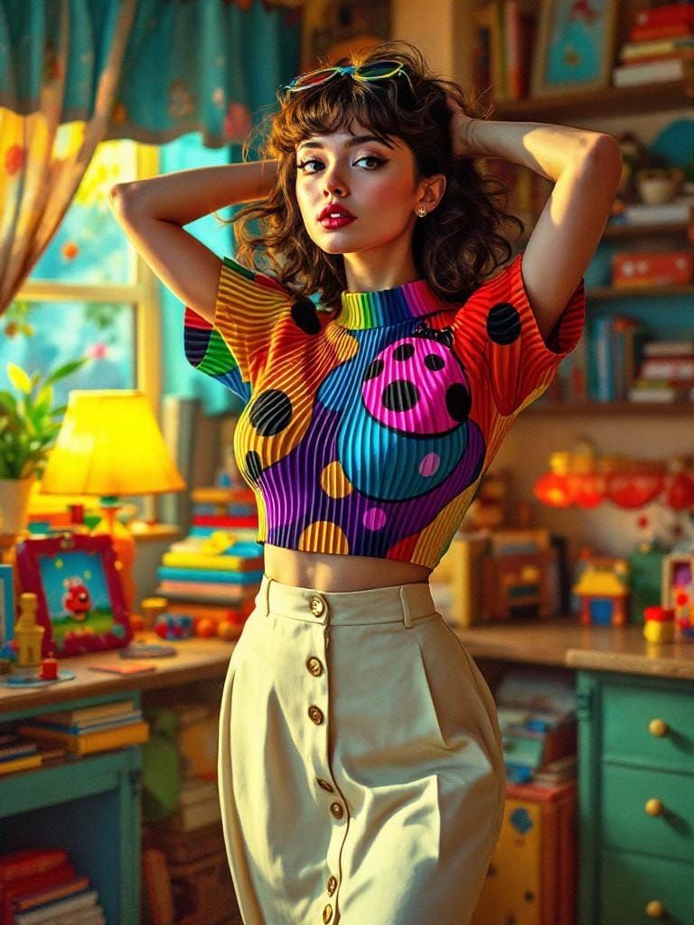 Retro Portrait of Woman with Ladybug Shirt, Cartoon Style