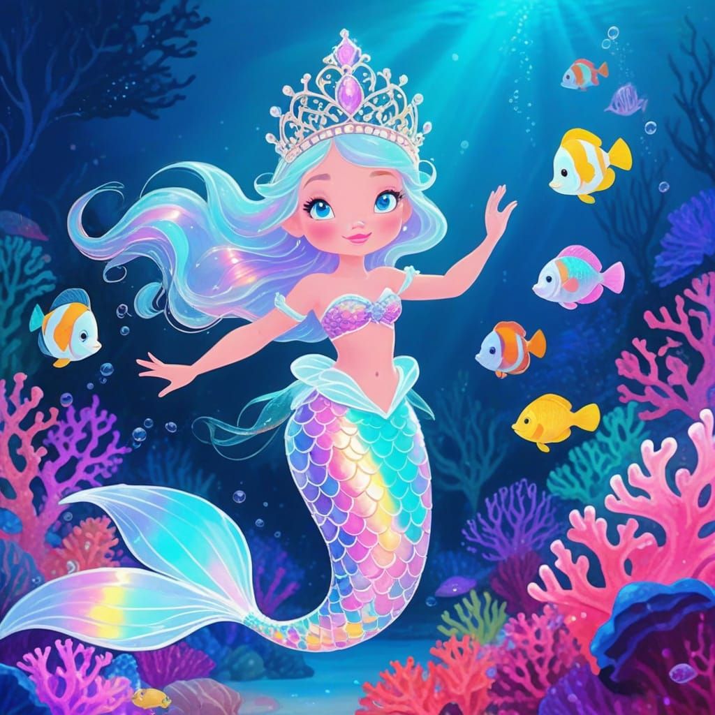 Whimsical Mermaid Princess Dancing in Coral Reef