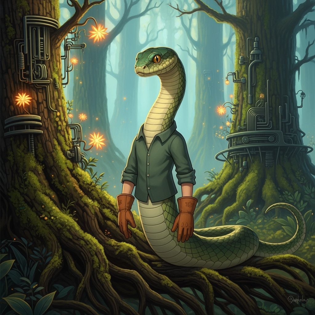 Mystical Forest Snake with Hands on Ancient Tree Roots
