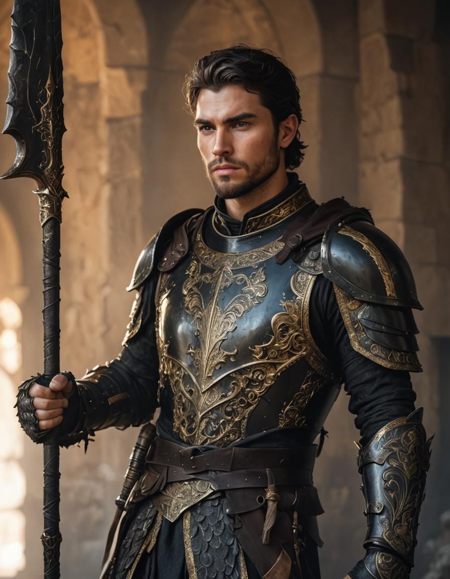 Young Warrior in Black and Gold Armor