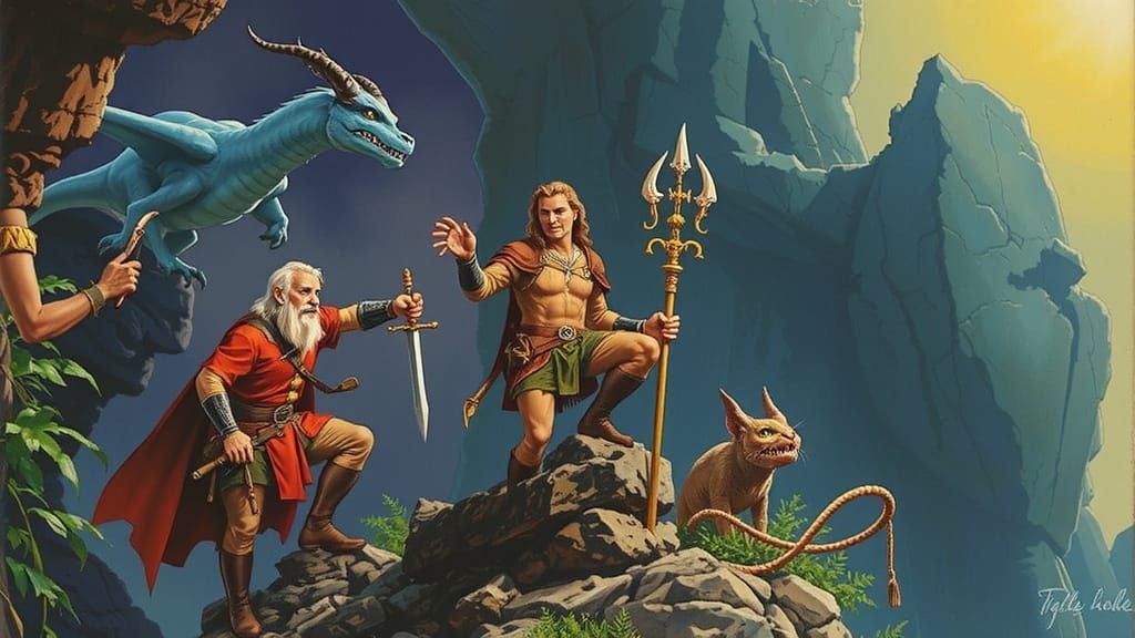 Fantasy Dungeons Dragons Scene in Retro Comic Style