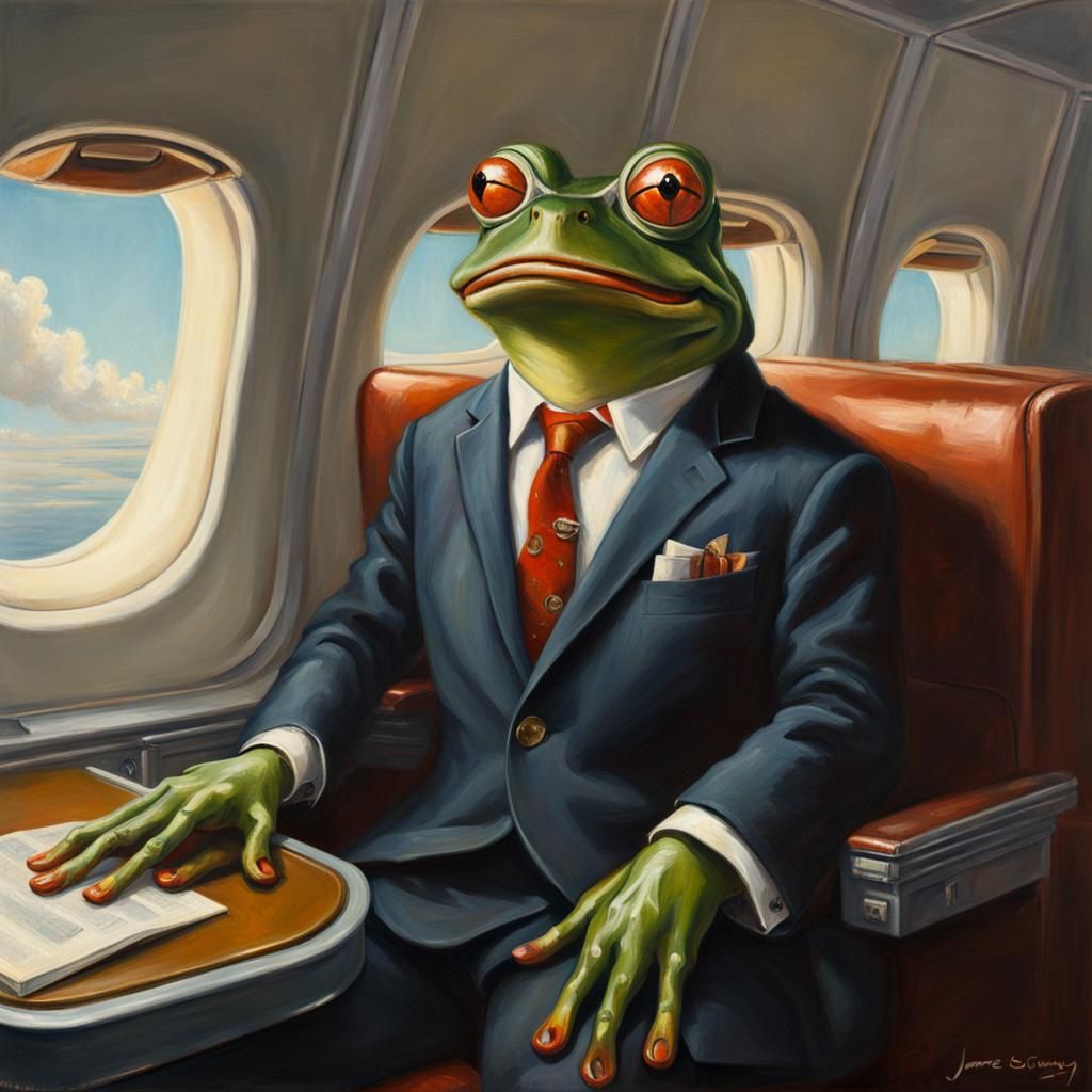 Frog Businessman on Airplane, Vintage Oil Painting