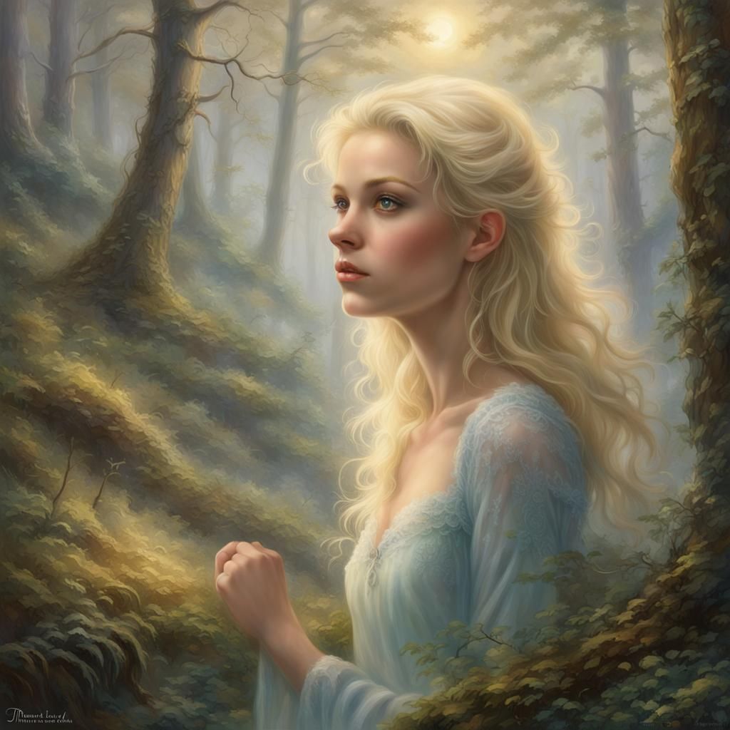 Ethereal Blonde Girl in Misty Forest, Fantasy Art