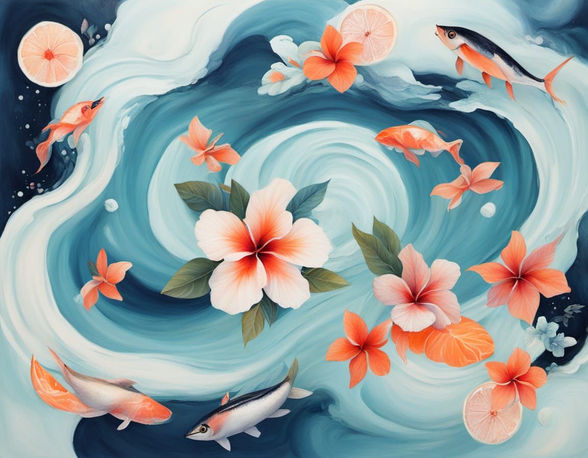 Surrealist Abstract Painting of Papaya Whip and Hibiscus