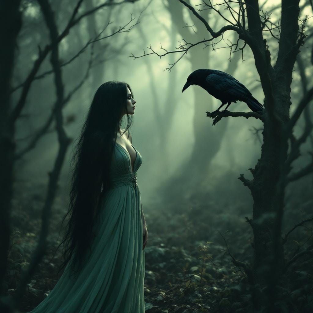 Mysterious Woman with Raven in Misty Forest