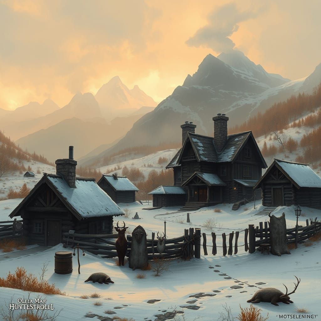 Nordic Hunter's Settlement in Mountain Valley: Fantasy Art