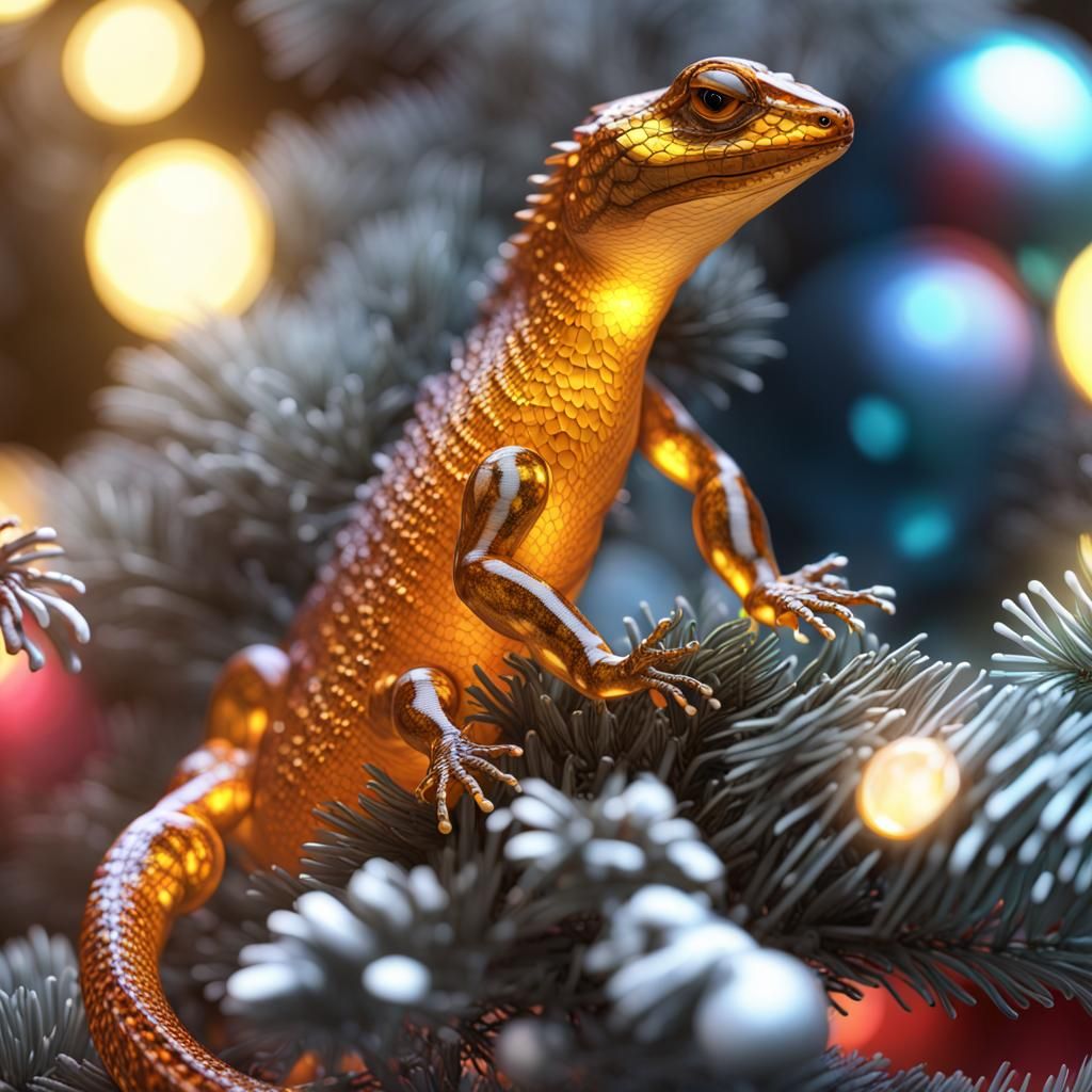 Glass Amber Lizard on Christmas Tree in 8K