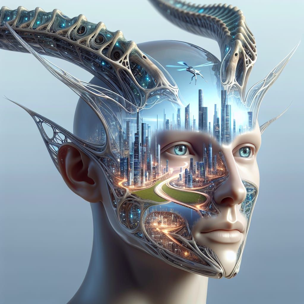 Futuristic Cityscape Inside Transparent Gazelle Horns