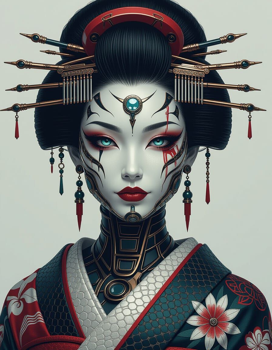 Biomechanical Geisha Shaman in Cyberpunk Gothic Art Deco Sty...