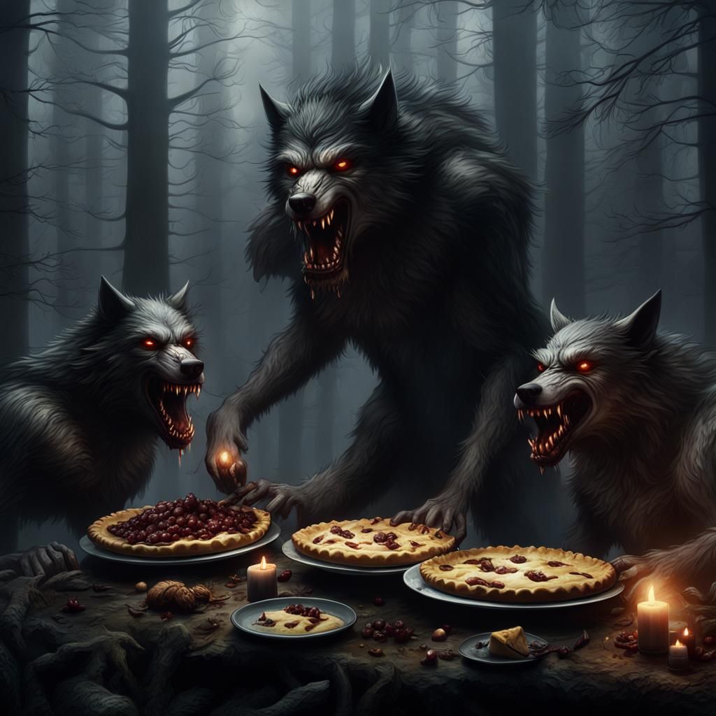 Werewolves Enjoying Pies in Misty Forest