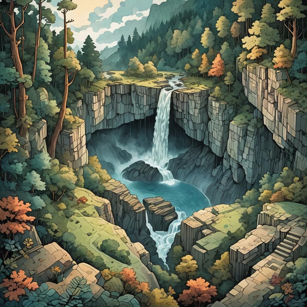 Cubist Waterfall View at Dusk in Retro Style