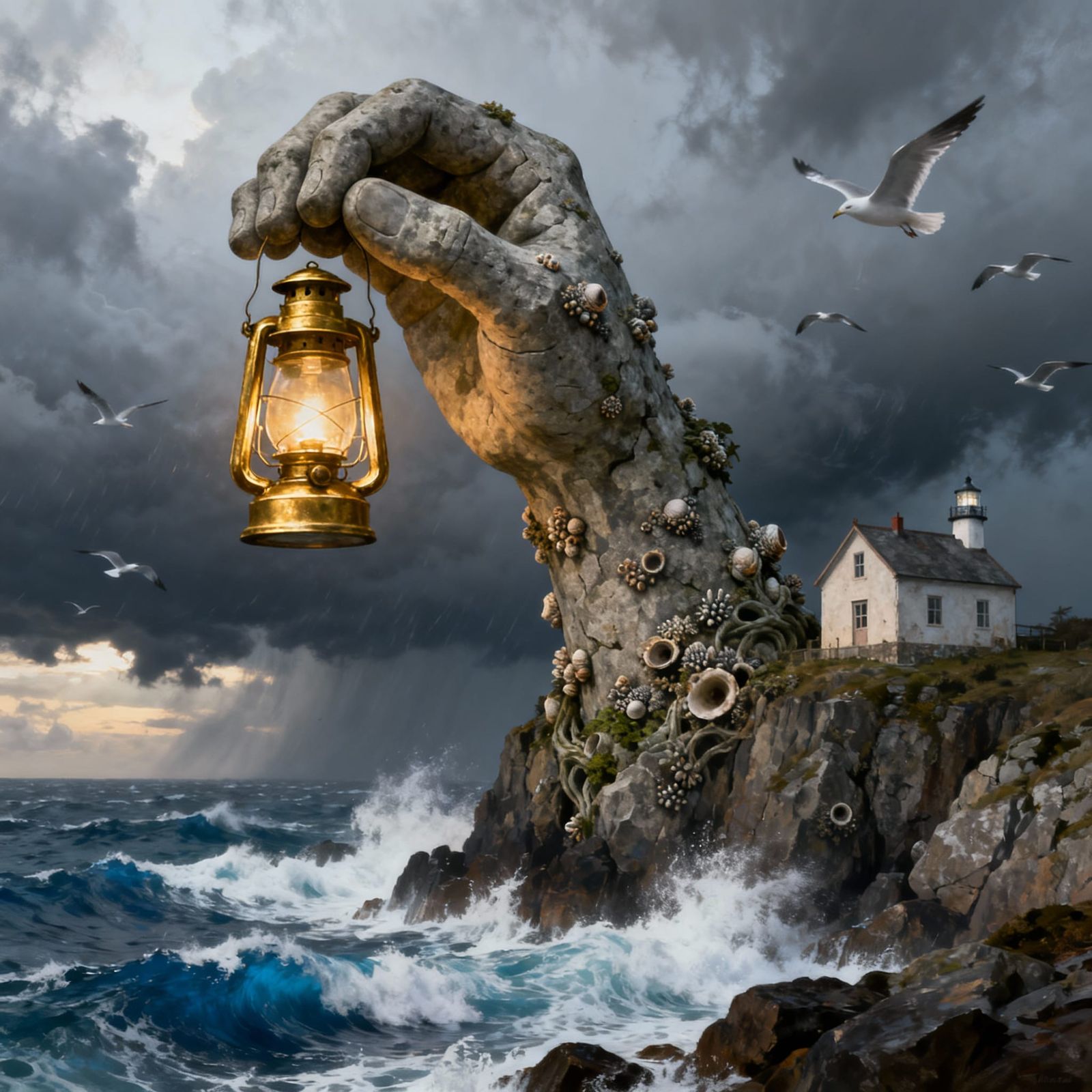Surreal Stone Hand Lighthouse on Stormy Coast