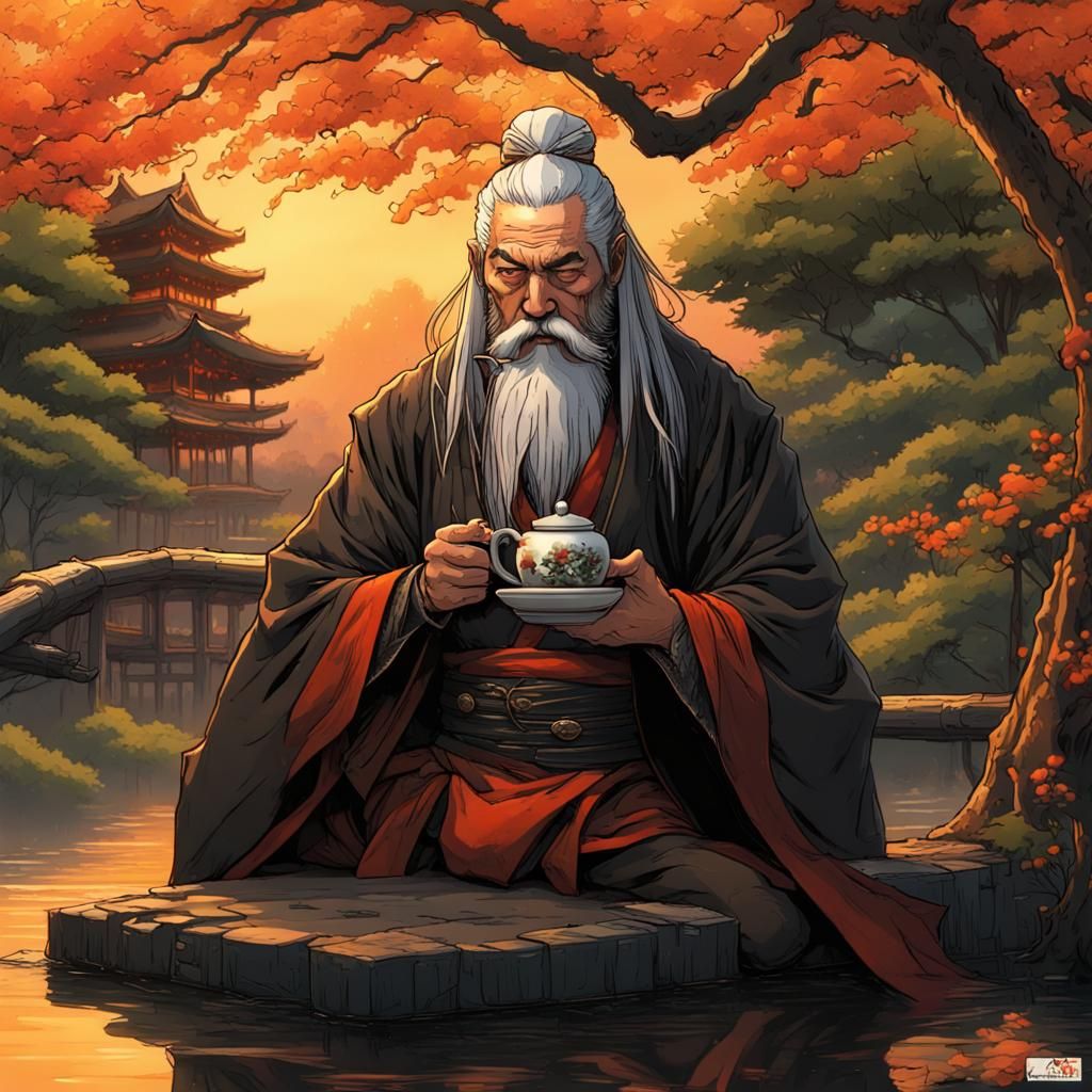 Dark Fantasy Samurai Drinking Tea at Sunset