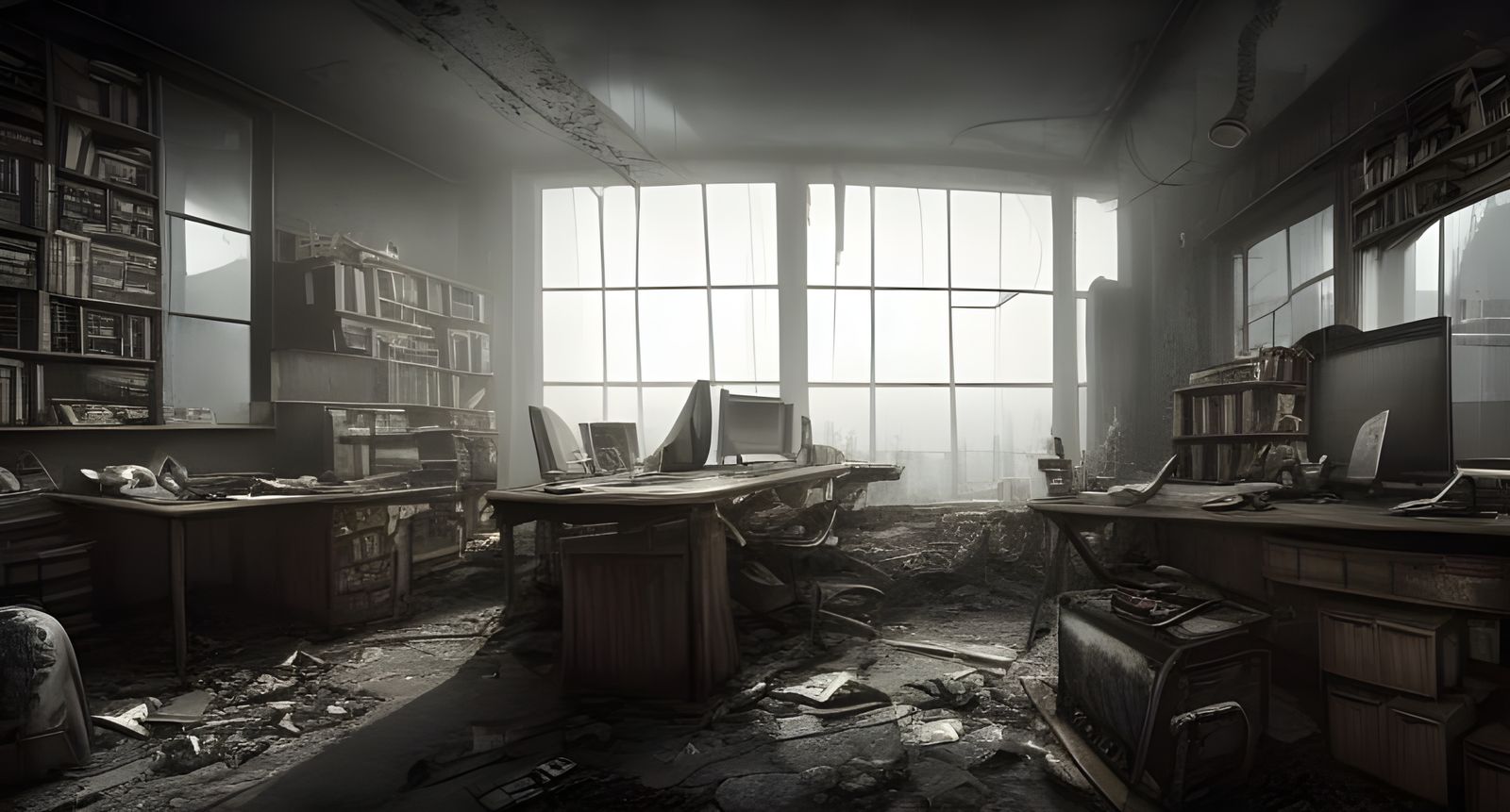 Dark Post-Apocalyptic Office in Hyper-Realistic Style