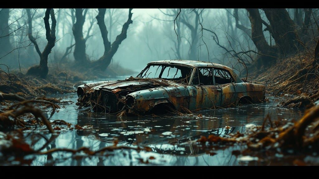 Rusted Car Surrenders to Swamp Elegance