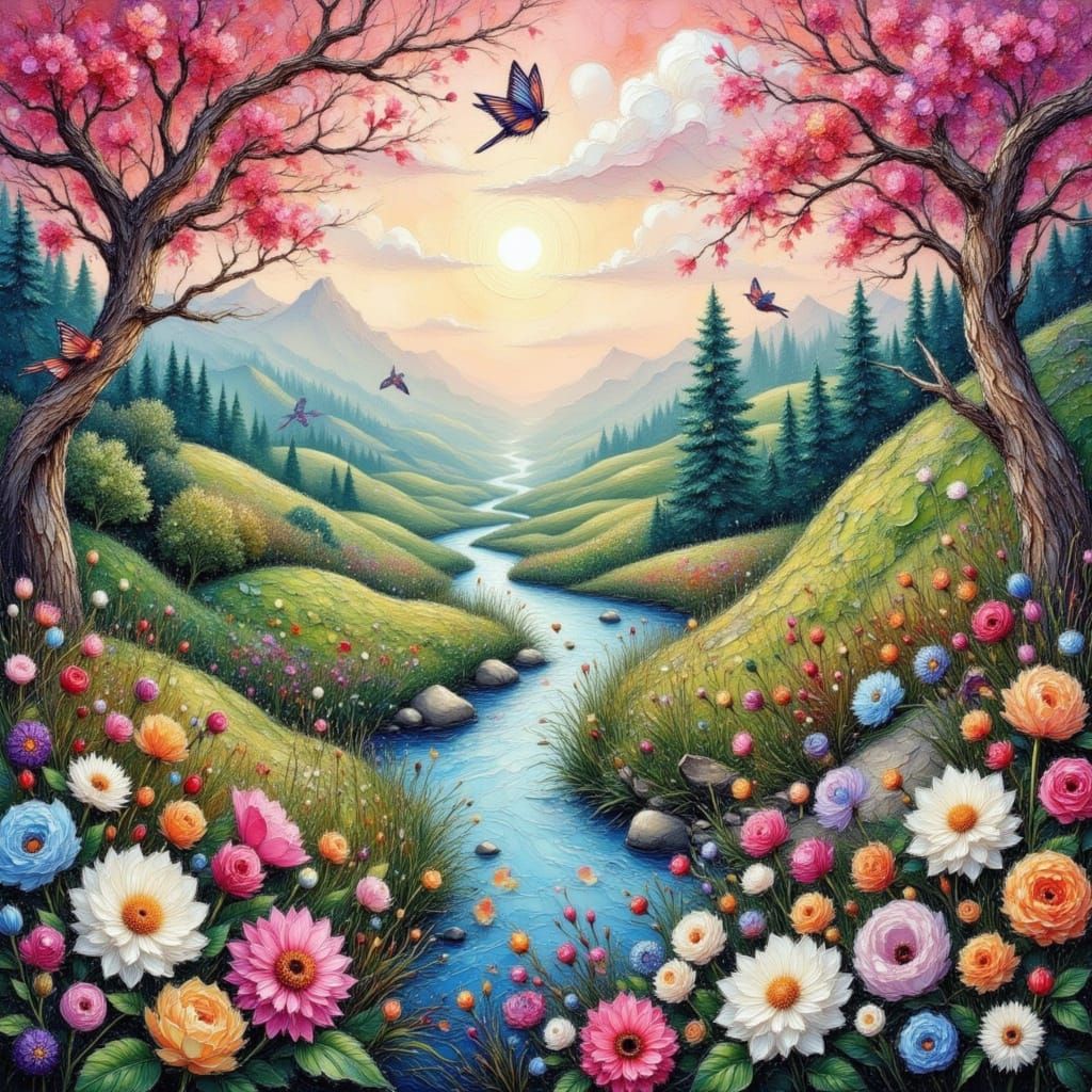 Surreal Landscape with River in Pastel Colors