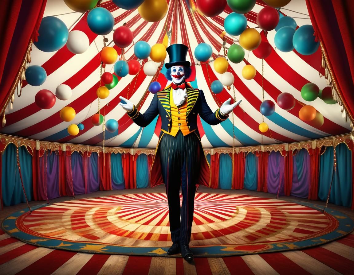 Photorealistic Circus Scene with Ringmaster and Clowns