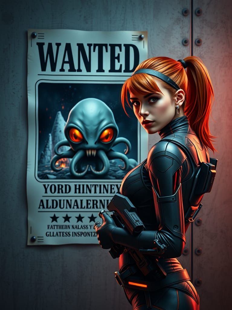 Interstellar Bounty Hunter and Wanted Poster