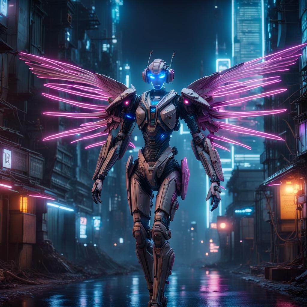 Cyberpunk Robot Fairy with Glowing Neon Wings