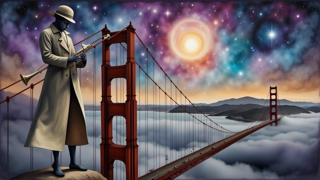 Mystical Alien Trumpeter Amidst Celestial Fog