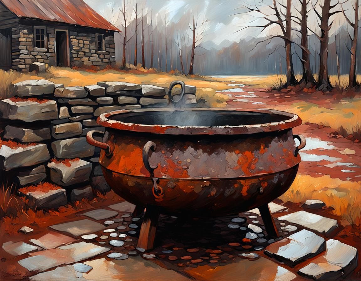 Cauldron on Stone: Atmospheric Oil Painting in Earth Tones