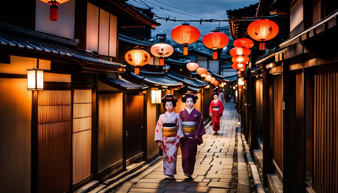 Gion District: Geishas Strolling Down Cobblestone Street