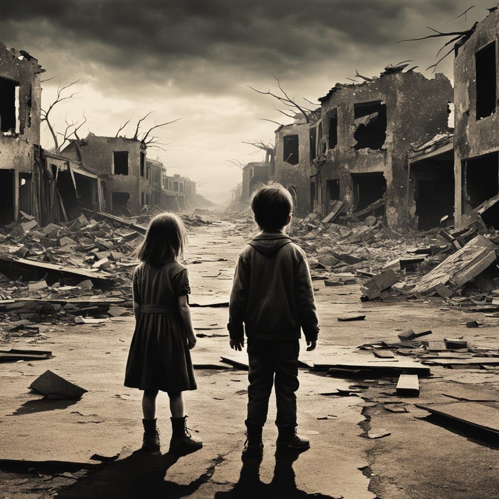 Sorrowful Children Stand Amidst a Barren War-Torn Landscape