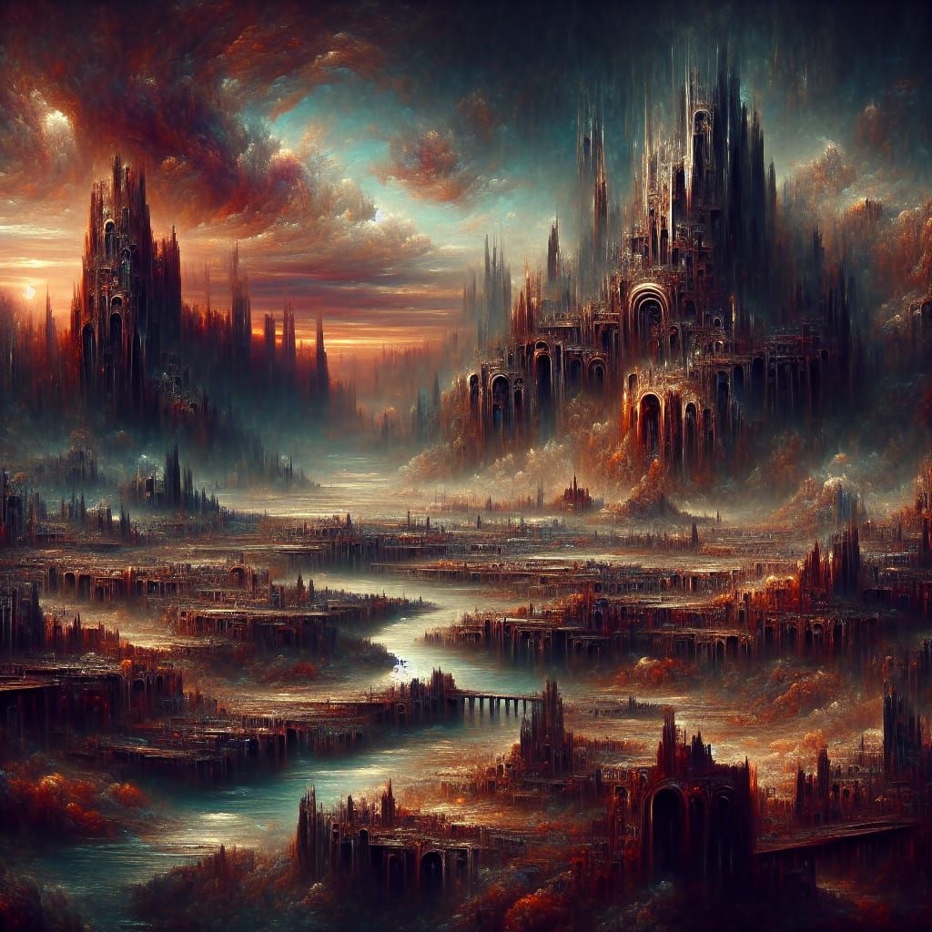 Gloomy Dystopian Landscape in Rich, Deep Colors