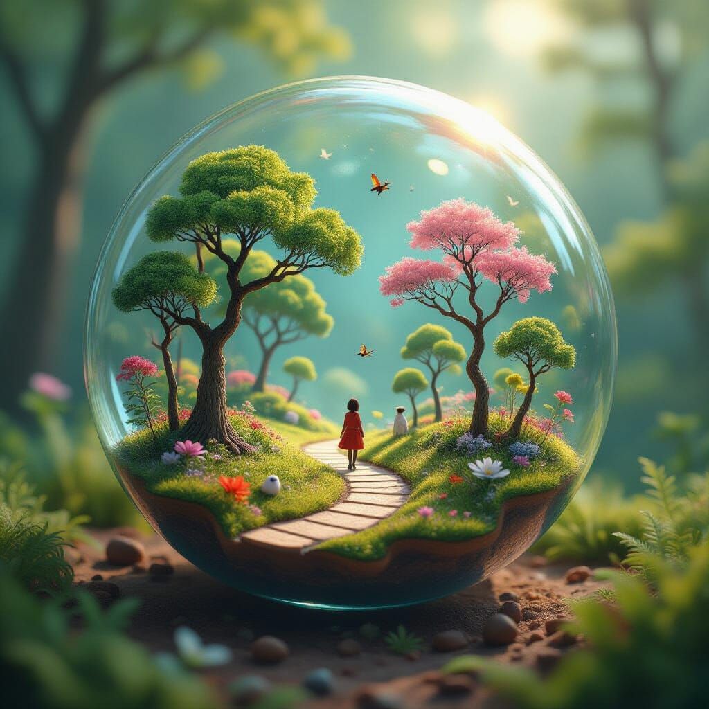 Miniature World in Luminous Bubble: Dreamlike Digital Art