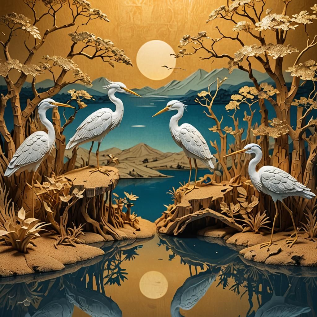 Surreal Cork Carving Diorama with Herons in Asian Landscape