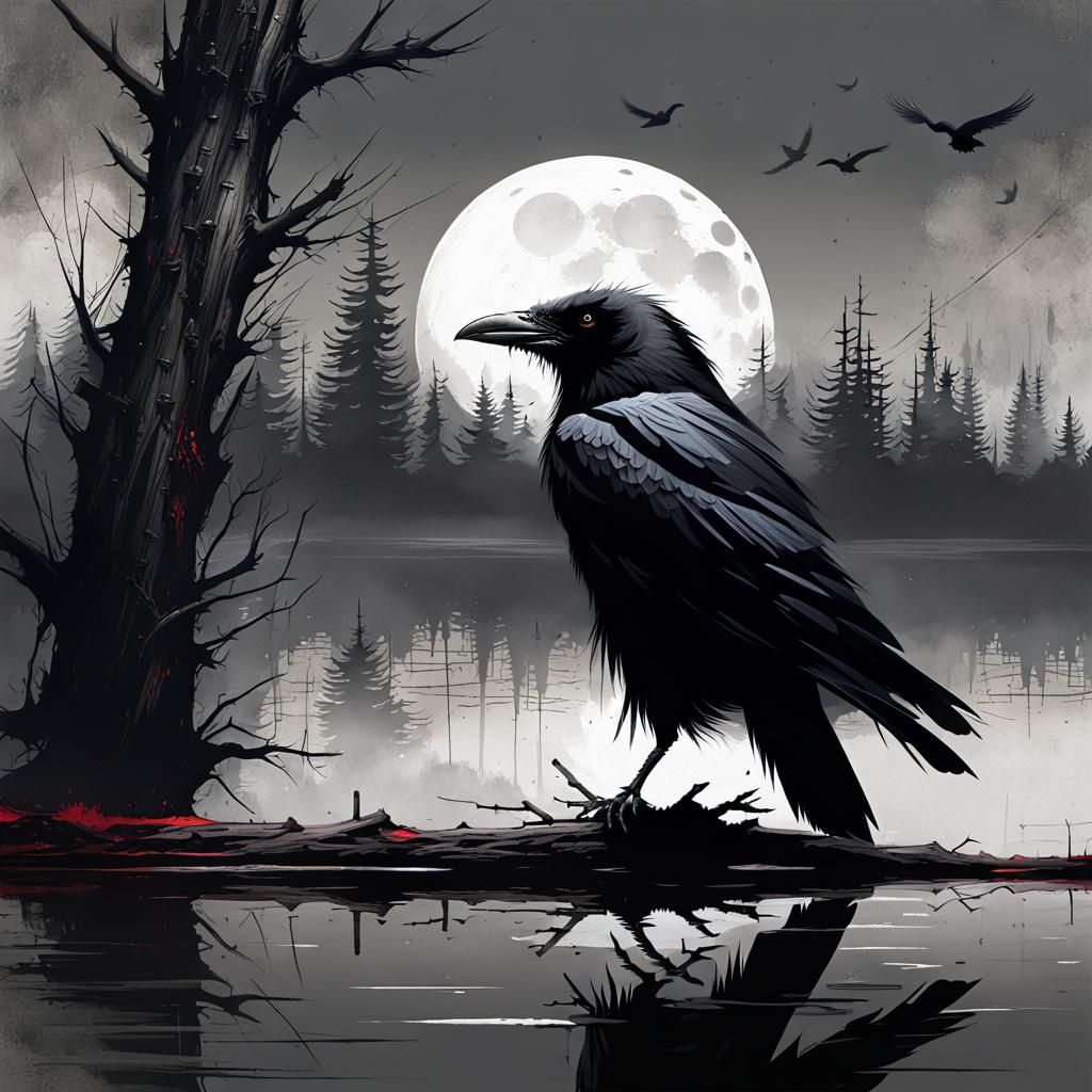 Sinister Raven on Pond Under Blood Moon: Digital Art