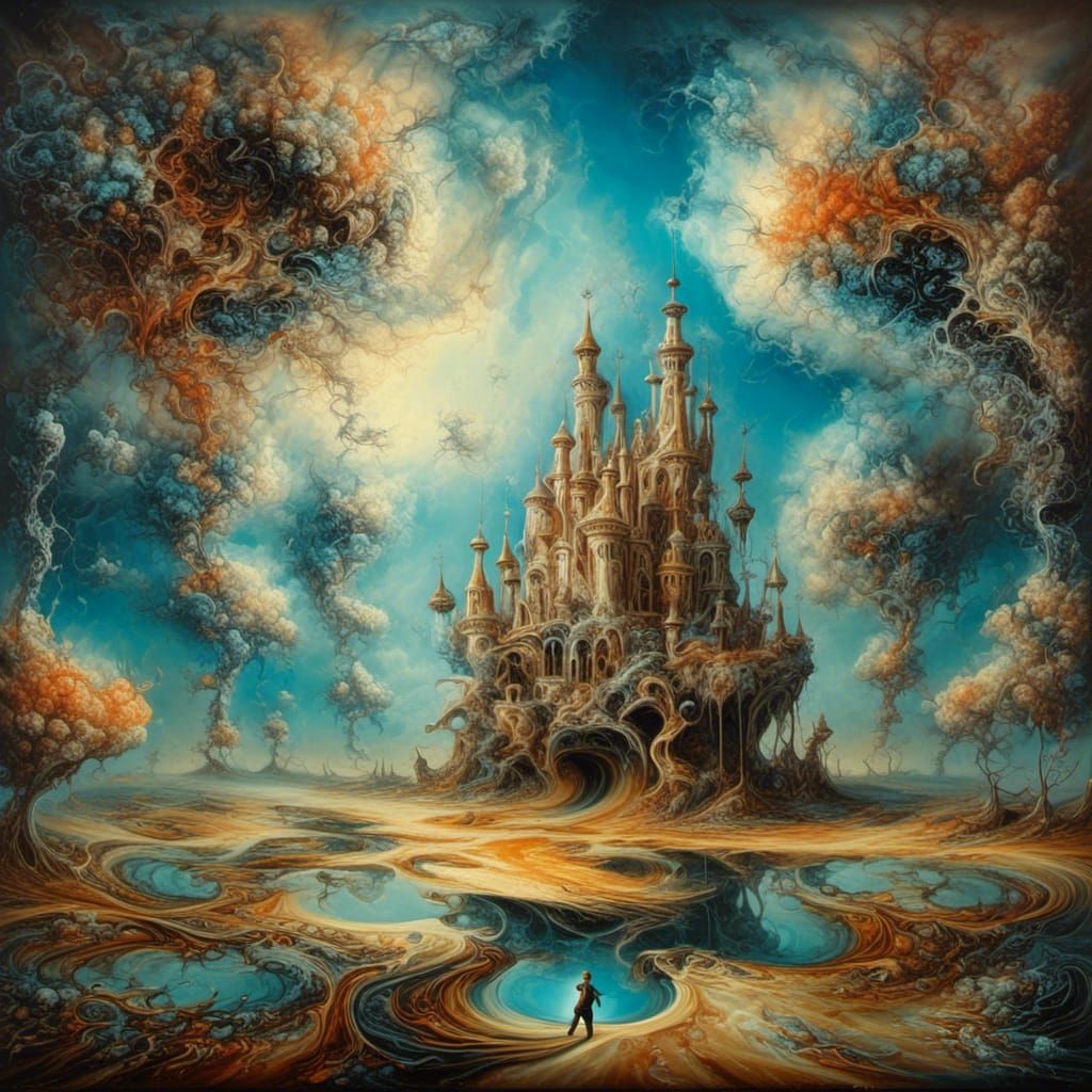 Surreal Landscape with Floating Castles in Vivid Colors