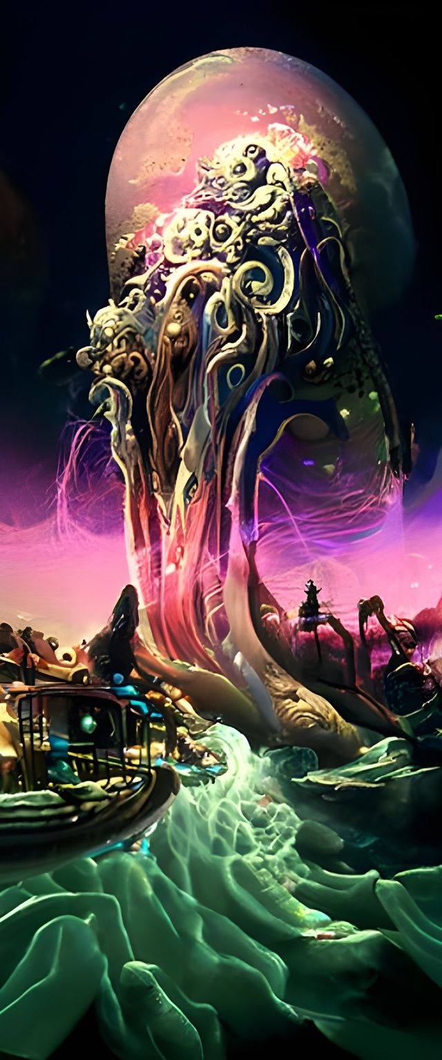 Bioluminescent Octopi in Alchemic Laboratory, Neon Illustrat...