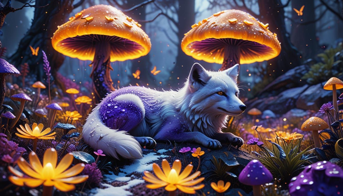 Surreal Arctic Fox in Vibrant Floral Wonderland