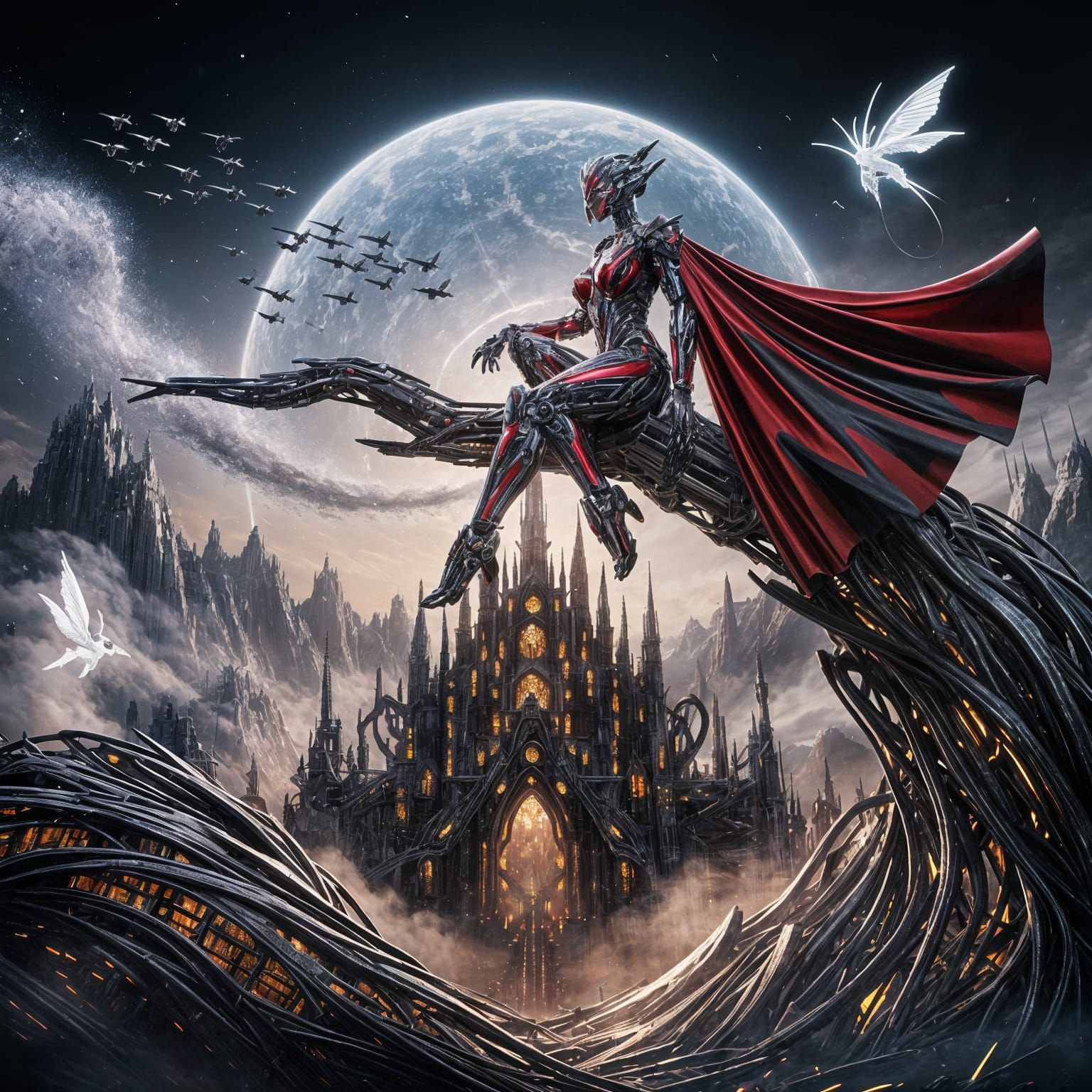 Transformer in Cyberpunk Techno-Castle Landscape