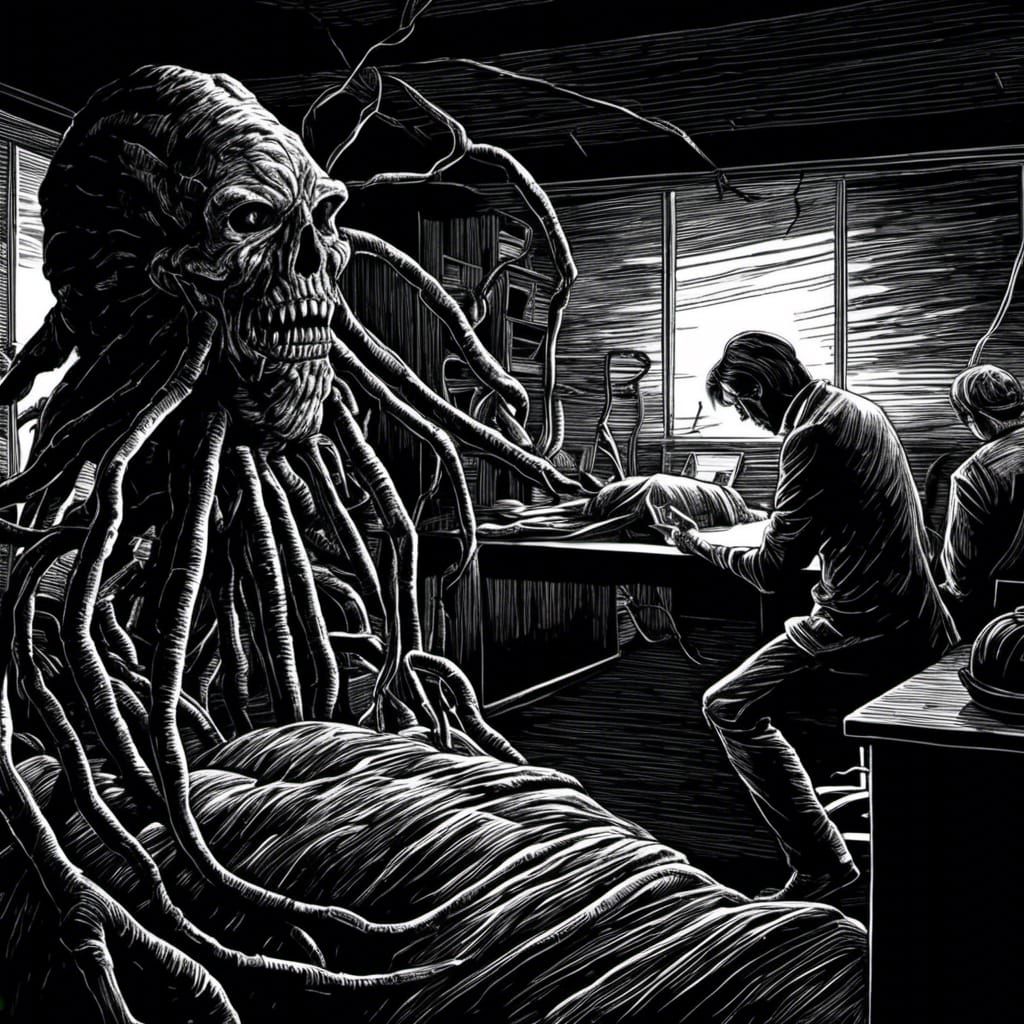 Terrifying Monster in Dark Office: Woodcut Art