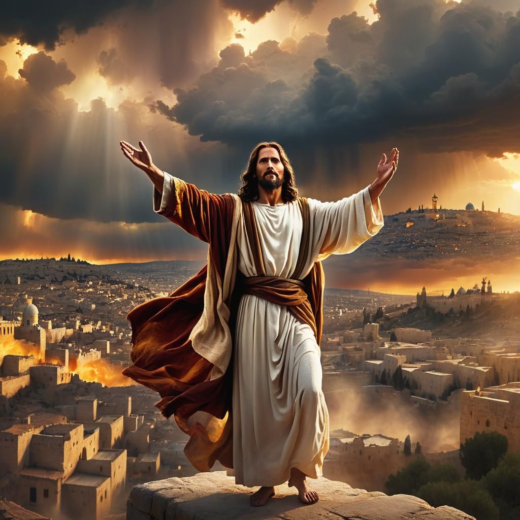 Jesus Amidst Stormy Jerusalem in Dramatic Lighting