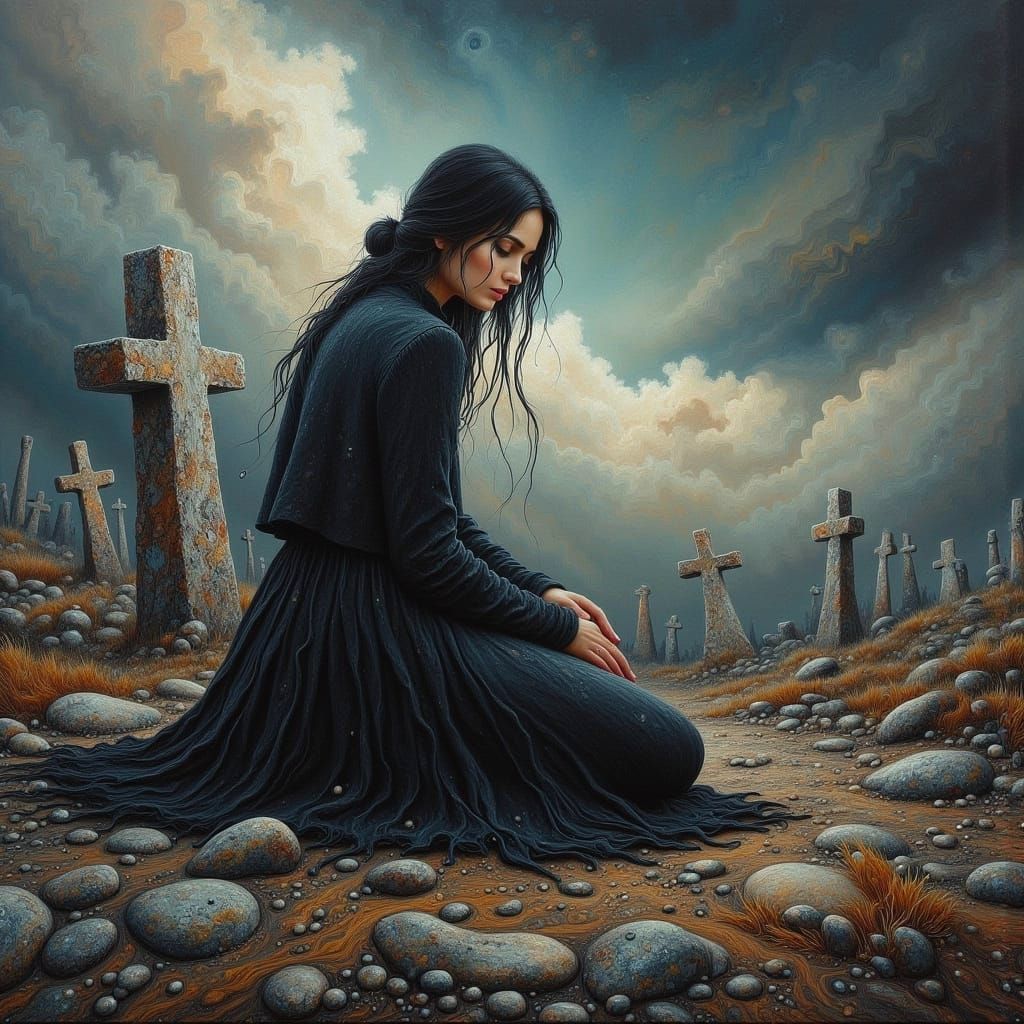 Grieving Woman at Gravesite in Fluid Art Style